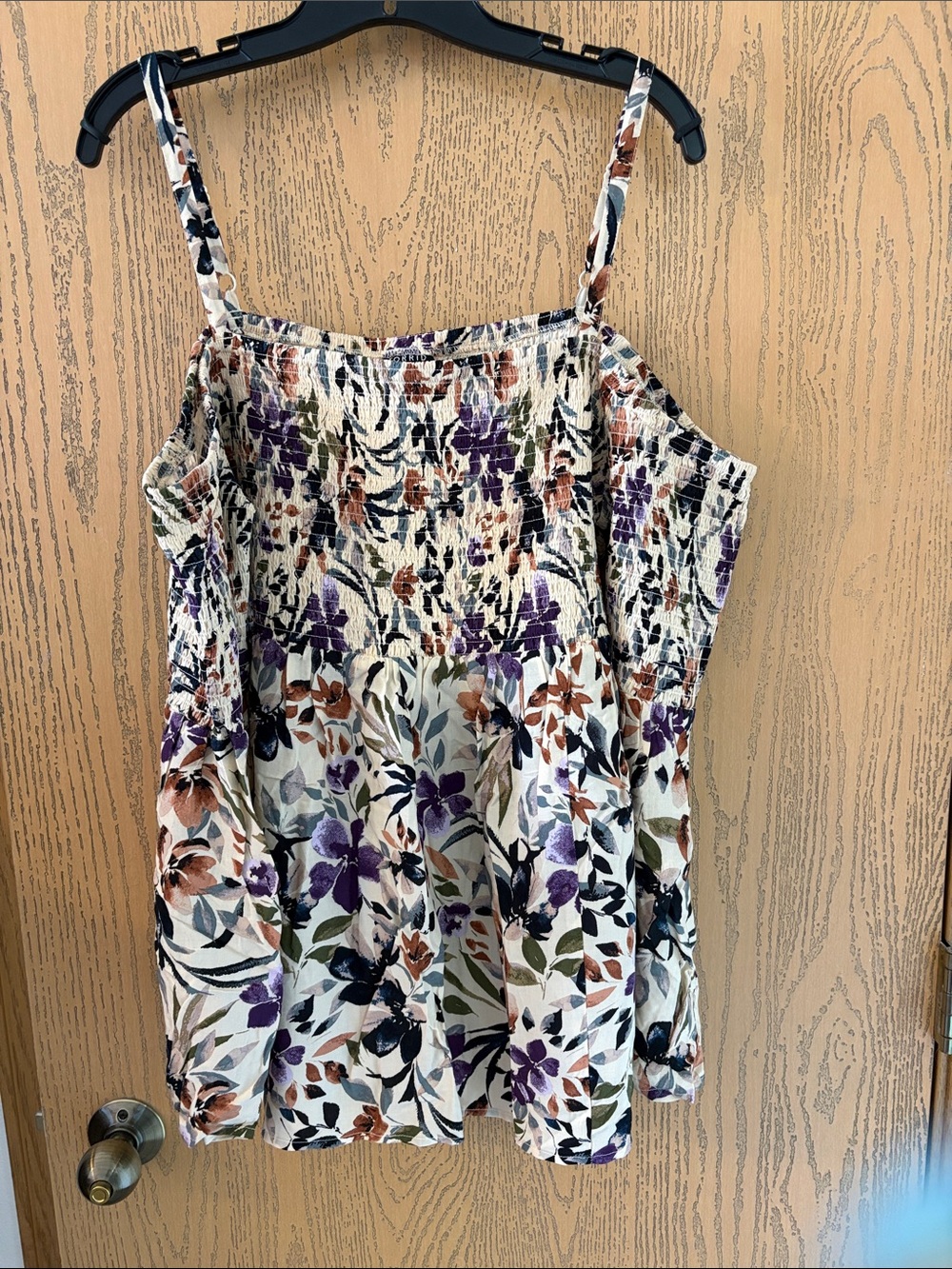 Torrid Cream Floral Smocked Top with Purple & Brown Blooms